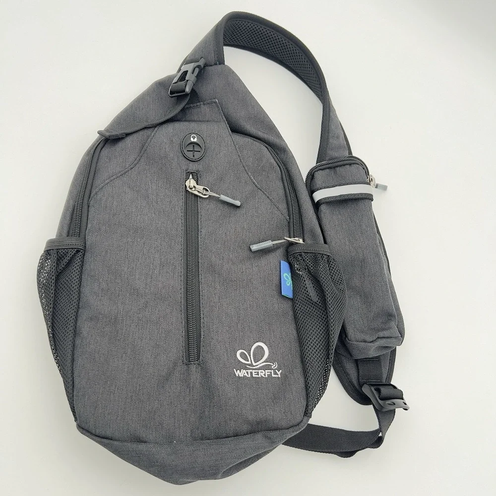WATERFLY Gray Sling Backpack Crossbody Chest Bag Hiking Travel Daypack USB Port